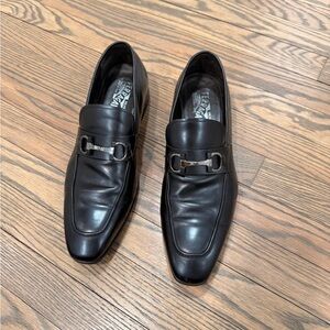 Salvatore Ferragamo Black Leather Loafers with Silver Buckle